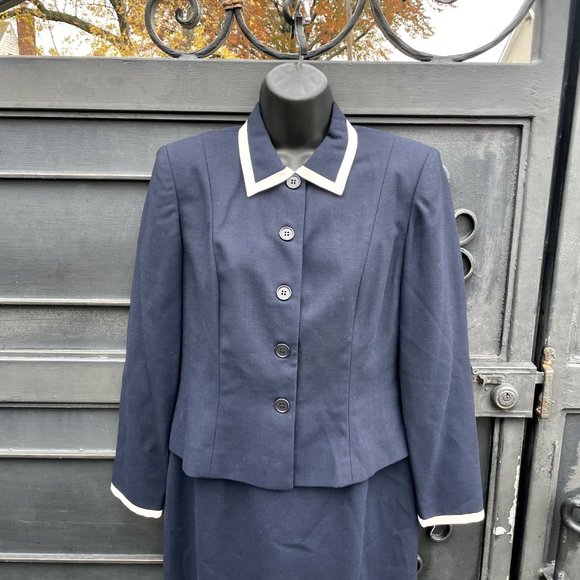 BROOKS BROTHERS VTG Sz 6P Wool Navy Blue Collar Attached Dress Modest Skirt Suit - Picture 7 of 13